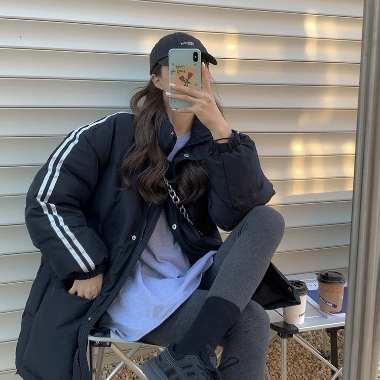 Women's Down Parka Female Coat Stripe Long Sleeve Warm Oversized Outerwear Fashion 2022 Winter Harajuku Windbreaker Overcoat