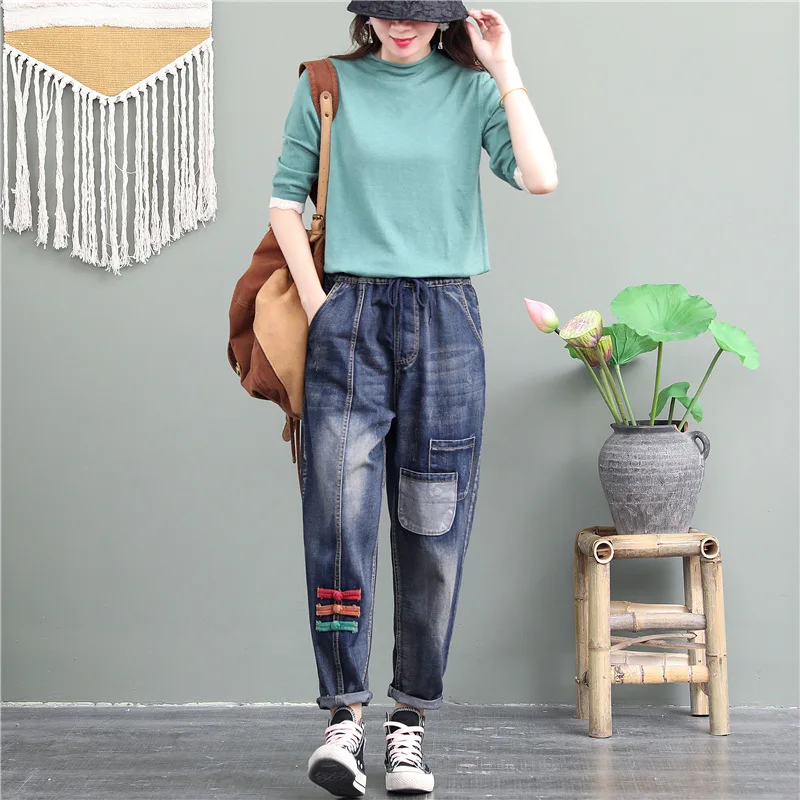 

National Wind Women Jeans Pants 2020 Spring and Autumn Retro Casual Straight Pants Elastic High Waist Plus Size Denim Trousers