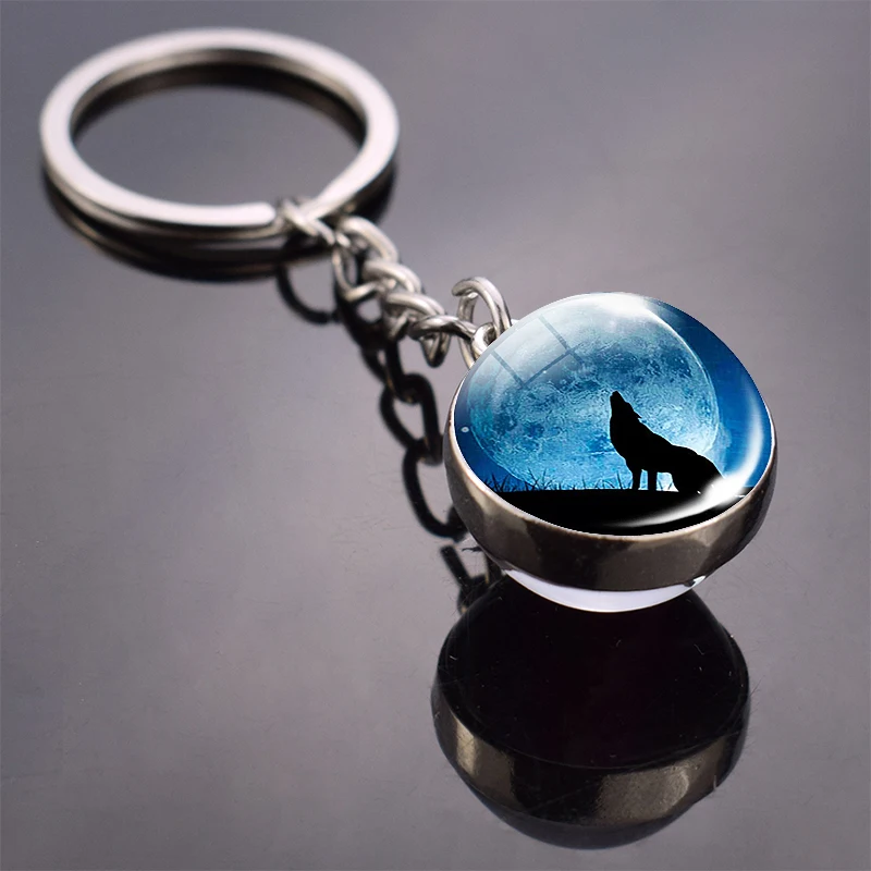 Glow in Dark Jewelry Howling Wolf Keychain Wolf Luminous Glass Cabochon Pendant Keyring Double Side Glass Ball Keychain