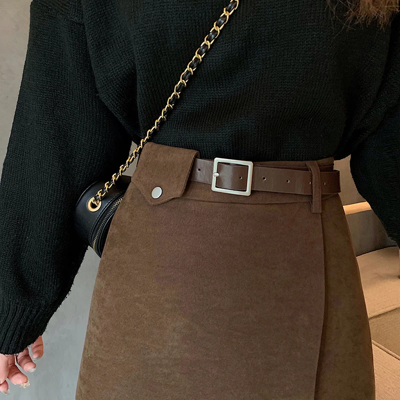 

Women's Casual Skirts Solid High Waist Sashes A-Line Mini Skirt Autumn Winter Wrapping Woollen Skirts Above Knee