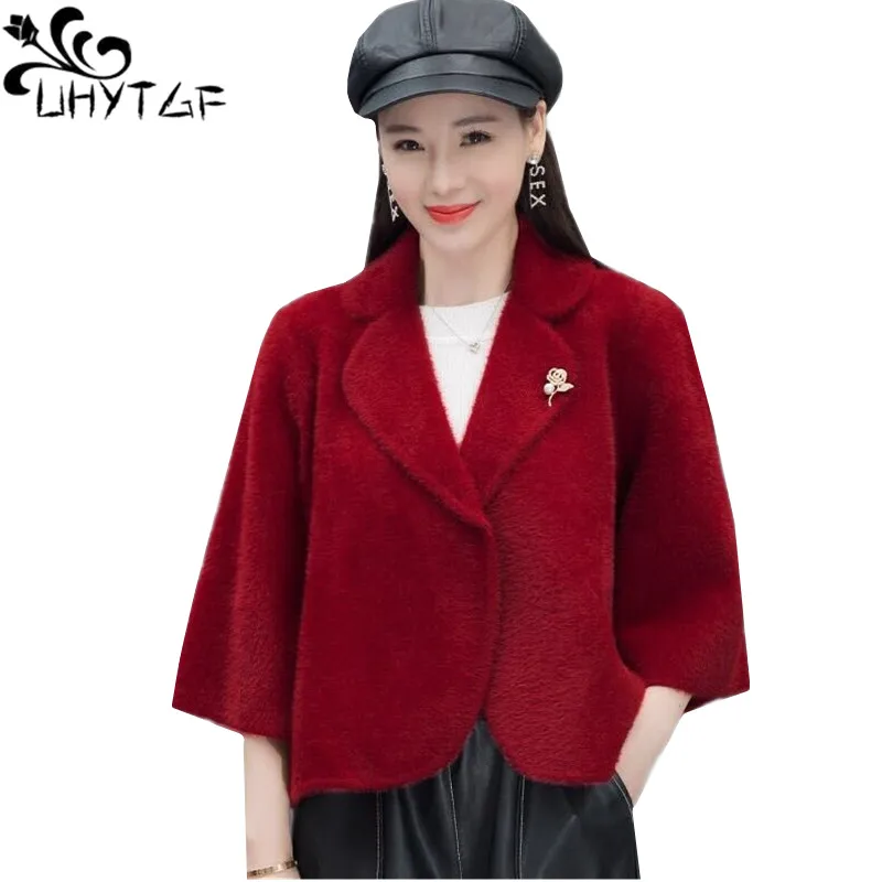 

UHYTGF Mink fleece short jacket fashion shawl knitted cardigan women's elegant spring autumn coat casual 3XL Big size tops 1060