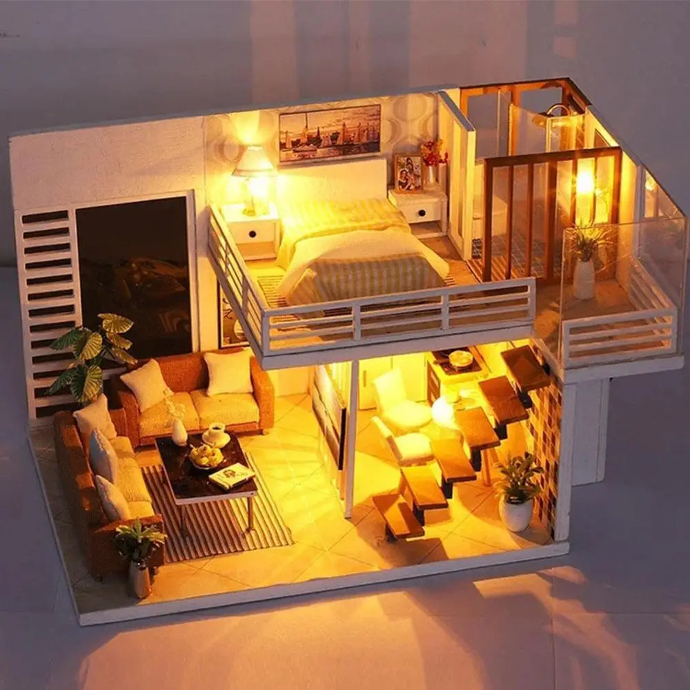

DIY Wooden Miniature Dollhouse With LED Light Doll House Furniture Model Building Kits Toys For Children Adult DIY Cottage
