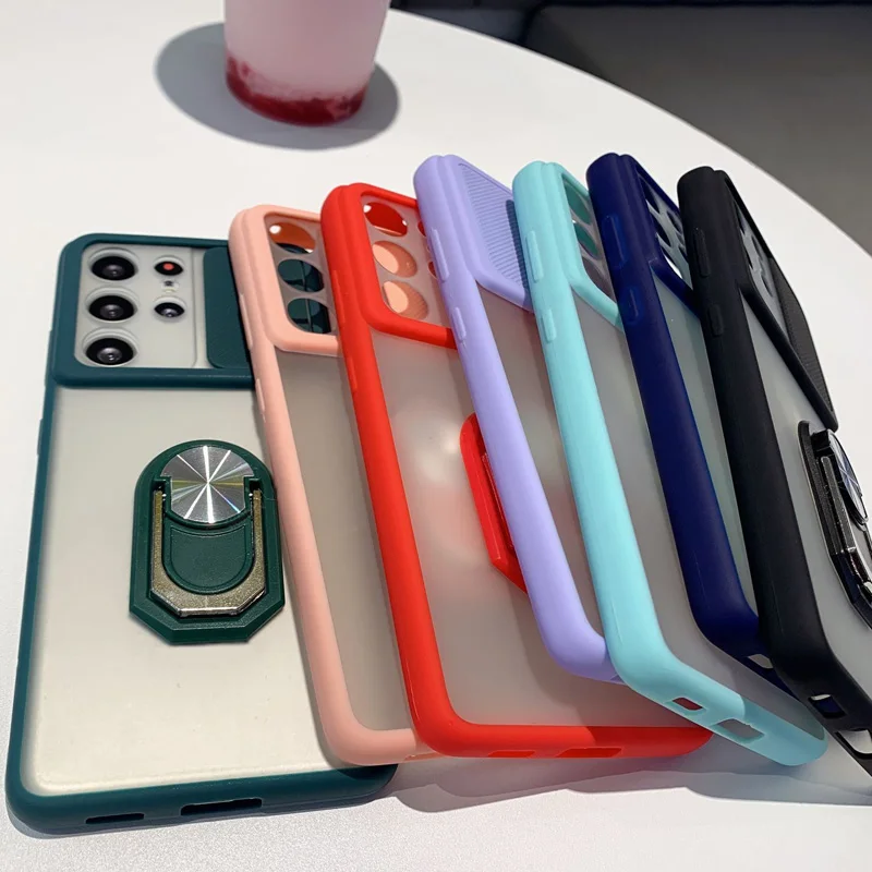 

Slide Camera Protection Phone Case For Samsung Galaxy A02S A12 A32 A42 A52 A72 5G Ring Holder Soft Cover For Samsung A32 4G Case