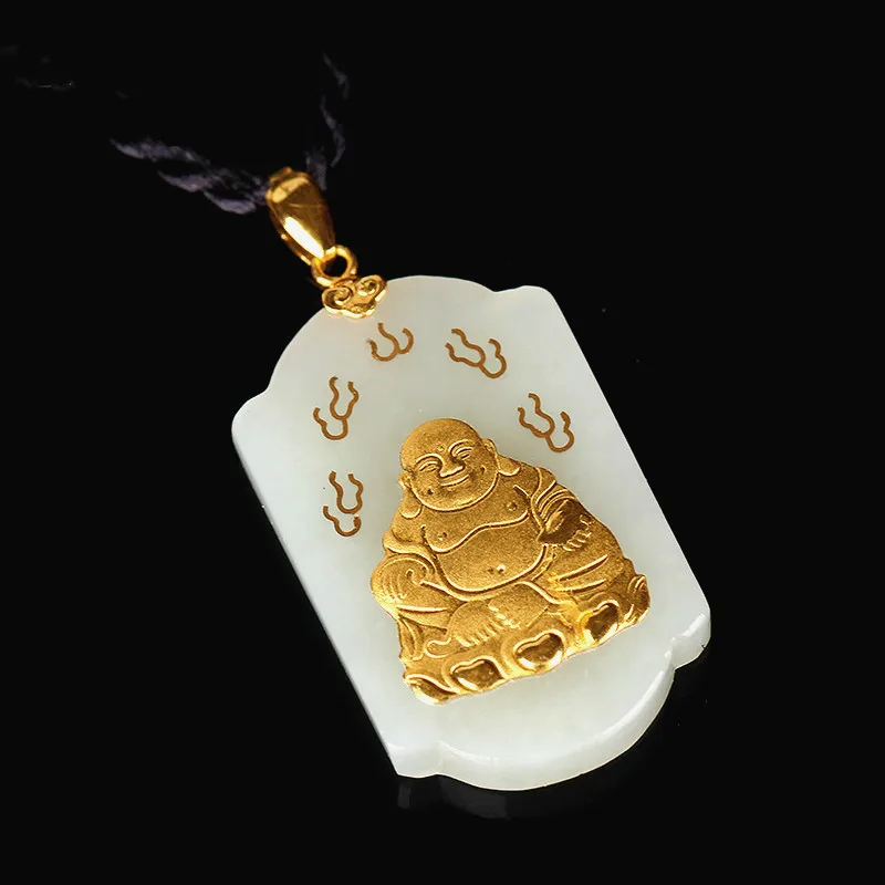 Натуральная китайская белая нефритовая подвеска Hetian Золотая мозаика Будды