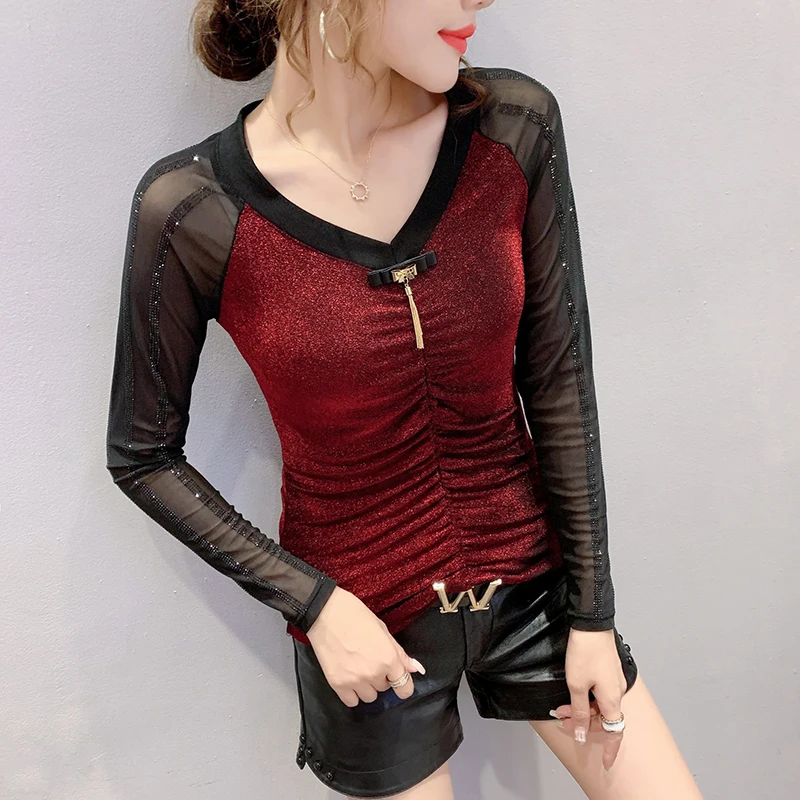 

Fall Winter European Clothes Tshirt Fashion Sexy V-Neck Drape Shiny Dimonds Tops Camiseta Mujer All Match Tees New T00510A