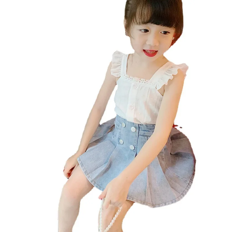 

2021 Fashion Girls Sets 2 To 6 Yrs Kids Clothes Summer White Suspender Tops+Pleated Denim Skirt 2pcs Suit Children Clothing Set