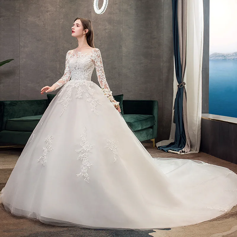 

Elegant O-neck Wedding Dress Noble Lace Full Sleeve Wedding Gowns with Train Plus Size Wedding Dresses Marriage Dress