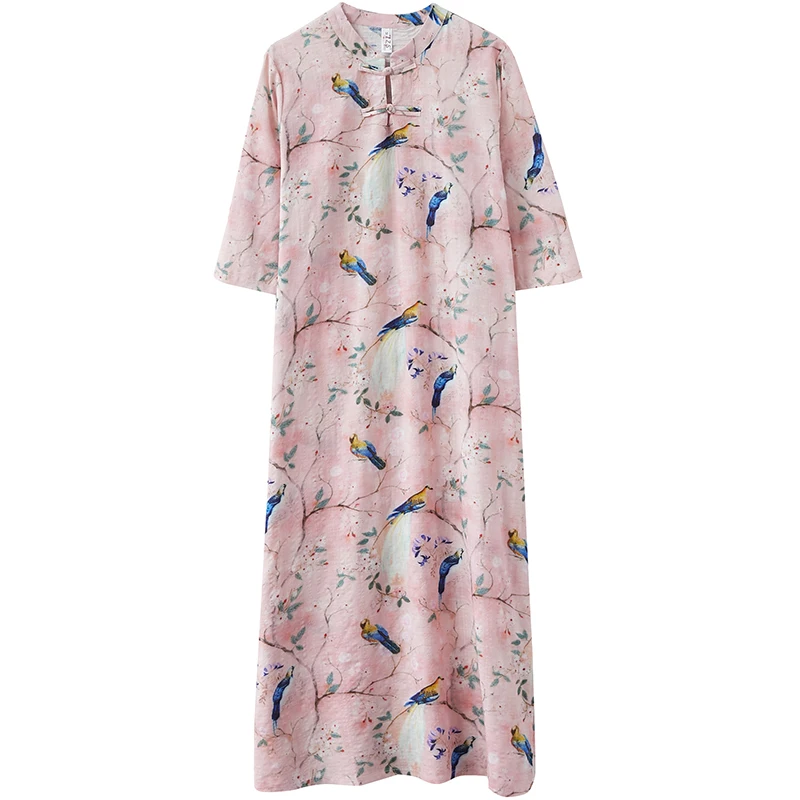 

National Style Retro Frog Button Floral Print Cotton Linen Half-Length Sleeve Dress Summer Loose Slimming Improved Cheongsam