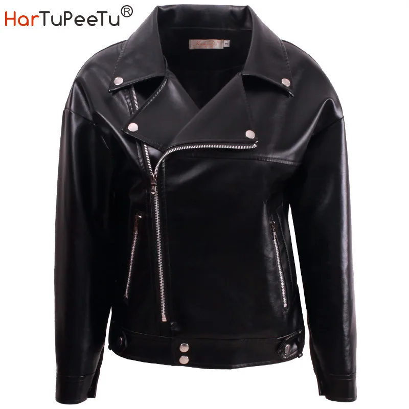 Enlarge PU Leather Jacket Motorcycle Women Autumn Winter Fleece Coat 2020 Korean Style Oversize Fit 2XL Black Zipper Waterproof Outwear
