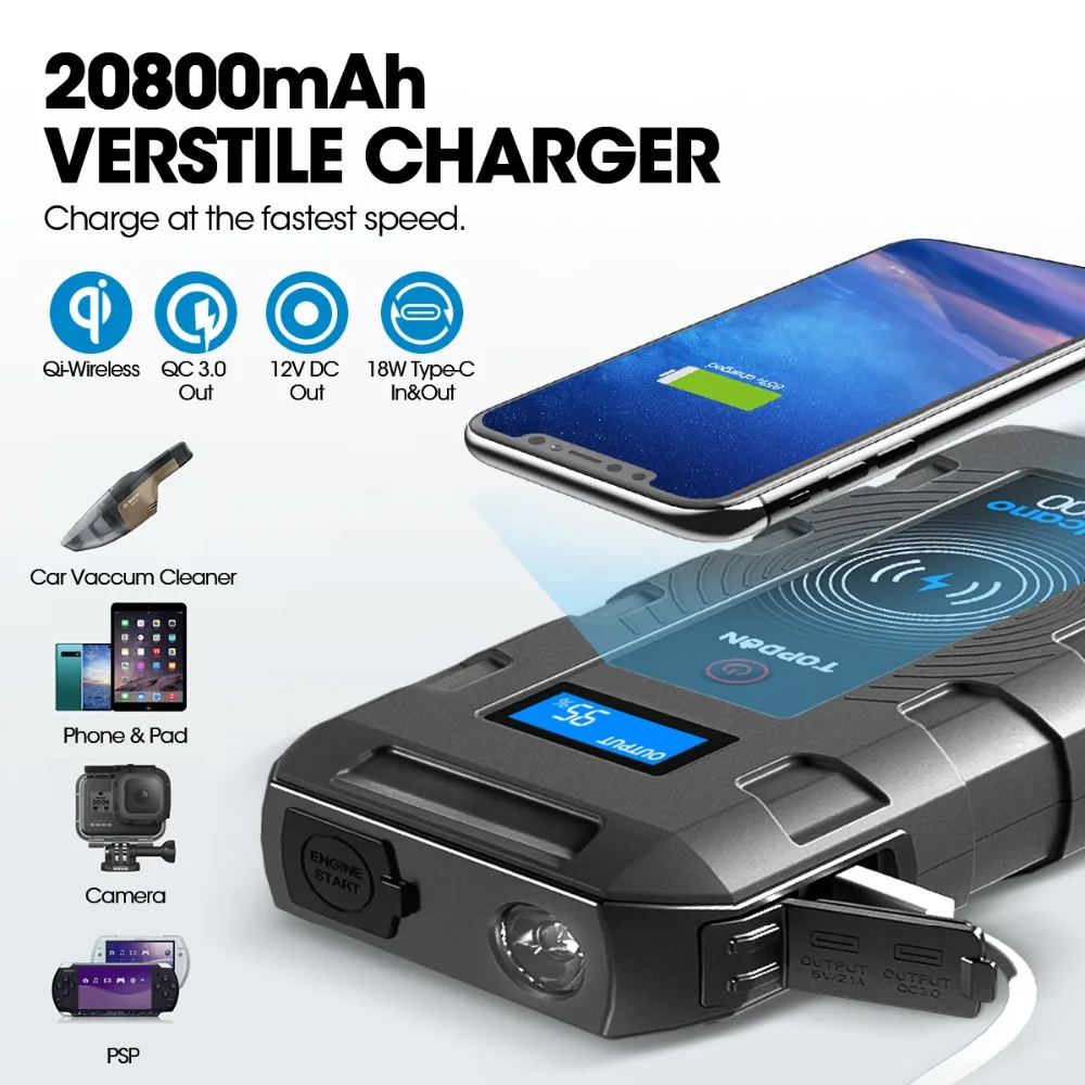 TOPDON V2000 автомобильный скачок Starte 20800mAh 12V 2000A пиковый портативный аварийный