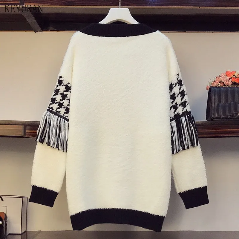 

Plus Size Plaid Tassel Cashmere Lady Sweater Cardigan Single Breasted Women Warm Sweaters Long Sleeve Wild Tops Harajuku