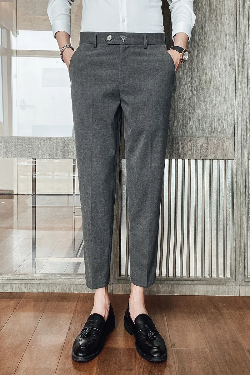 

Korean Casual Business Dress Pants Mens Office Social Formal Pants Solid Colors Wedding Trousers Ankle Length Grey Black 2021