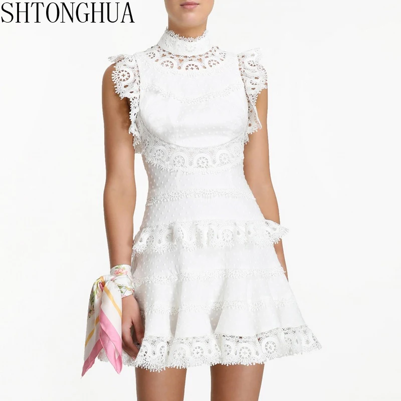 Новинка Весна 2020 модное кружевное платье однотонное белое милое в стиле пэчворк