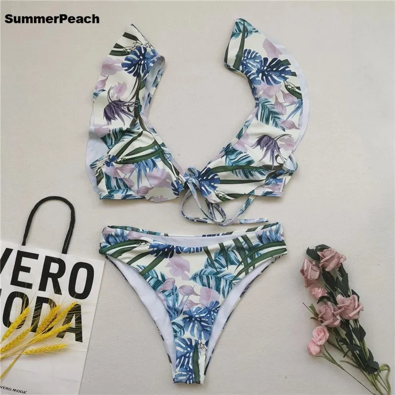 

SummerPeach High Waist Two Pieces Bikini Set Women Ruffled Swimsuit 2021 New Female Leaf Floral Swimwear Bathing Suit Beach Wear