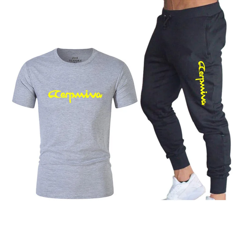 

2021 Brand Men's Sports Suit Summer Cotton T-shirt + Black Trousers Two-piece Solid Color Printed Clothing Casual Sports Suit