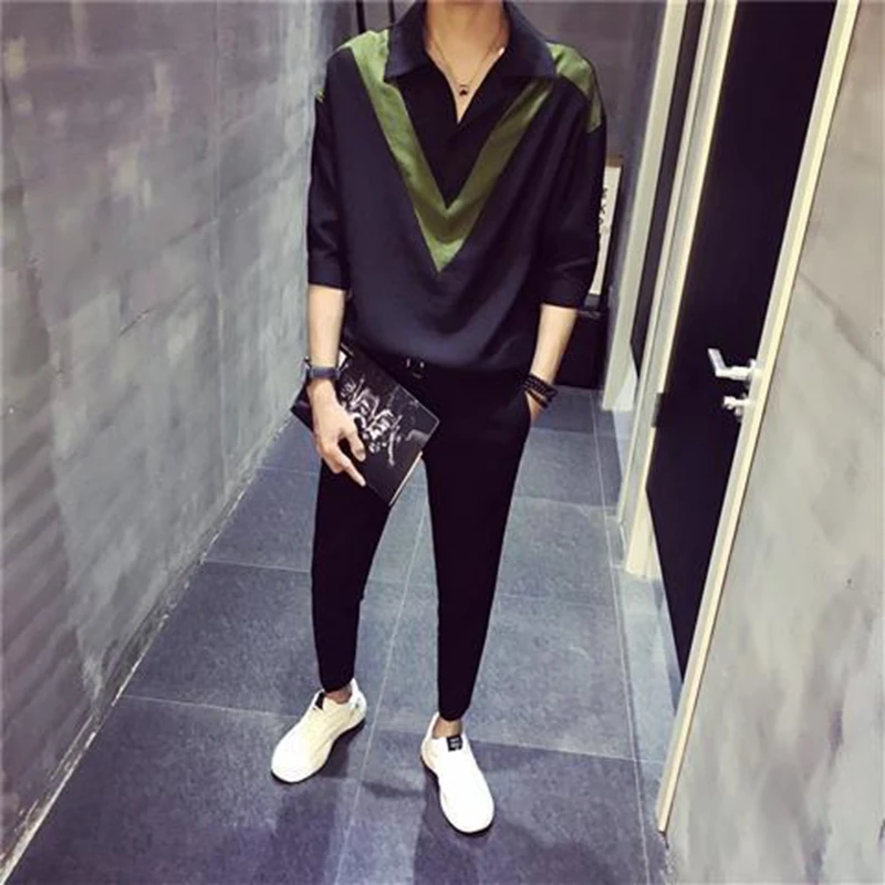 

New summer three-quarter sleeve men's v-neck loose casual linen shirt trend Korean men's pullover shirt