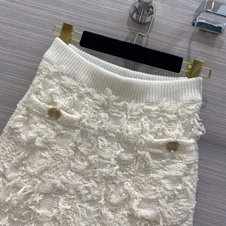 Luxury Brand White Skirts for Women Summer 2020 Retro Double Pocket A Line Skirts Elegant Feather Fringes High Waist Skirts Lady