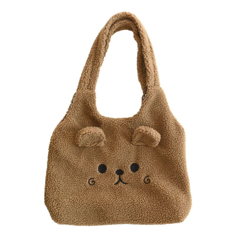 

New Winter Soft Plush Tote Bag Women Cartoon Embroidery Imitation Lamb Hair Shoulder Bag For Women 2020 Shopper Bag Bolsa