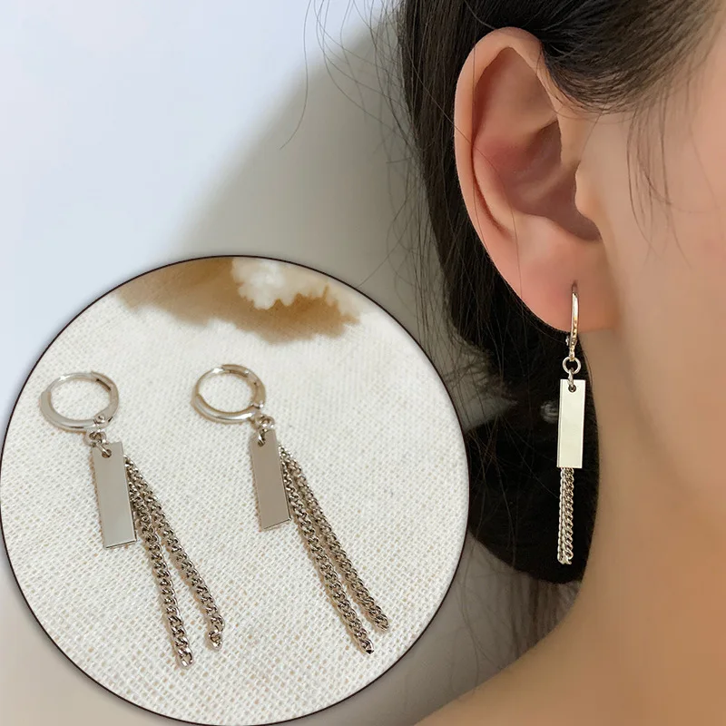 

S925 Silver Needle Titanium Steel Chain Earrings Female Hip-hop Earrings Cool Cold Wind Earrings Personalized Ear Clips