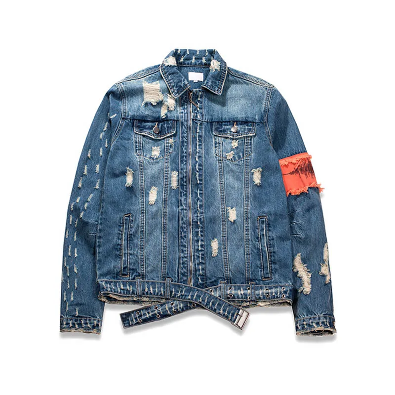 KIOVNO мужские рваные джинсовые куртки пальто рукава значок пэчворк для мужчин пояс