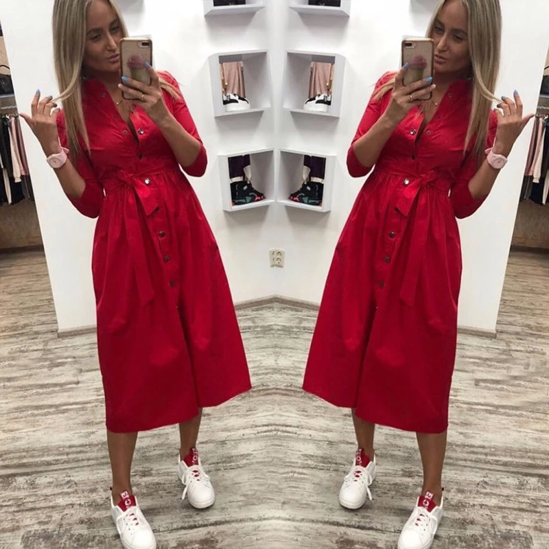 

Women Vintage Front Button Sashes Party Dress Three Quarter Sleeve Turn Down Collar Solid Dress 2021 Autumn New Fashion Dress