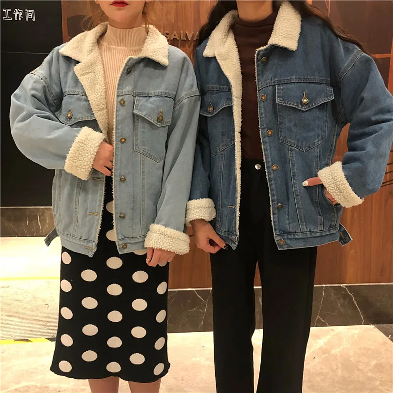

Women's Denim Parkas Winter Koreaanse Vintage Plush Baggy Coat Casual Long Sleeve Single Breasted Pocket Turn-down Collar Coat