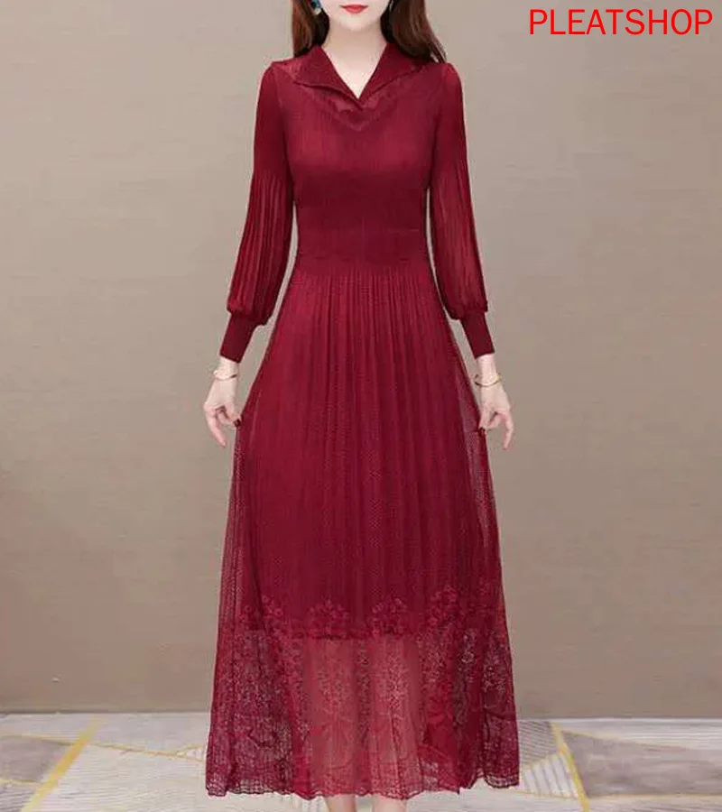 

Miyake Pleated Lace Dress 2020 Europe and the United States Spring and Summer New Women's Fashion Slim Thin Large Size Base Robe