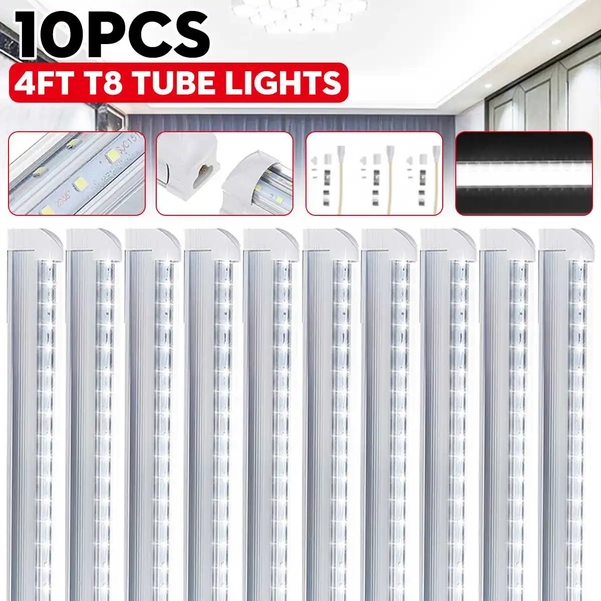 

10PCS T8 LED Light Tube 4FT 120CM 36W 4Foot Dual Row V Shaped LED Shop Light Ceiling Under Cabinet Light 6500K White AC85-265V