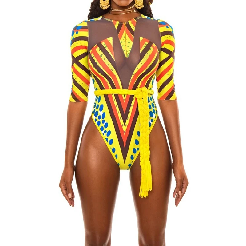 Новинка 2020 Цельный купальник в стиле ретро с сетчатым принтом и пэчворком