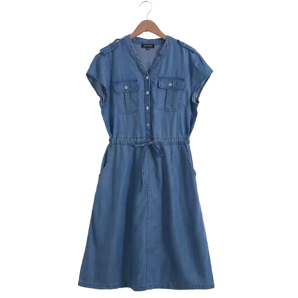 

Синие повседневные свободные джинсовые летние платья с коротким рукавом и завязкой на талии, ТРАПЕЦИЕВИДНОЕ джинсовое платье, праздвечерн...