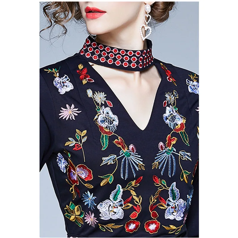 

2019 Autumn Winter Women V-Neck Runway Dress Floral Embroidered Cropped Sleeve Design Vintage Dress Women's Elegant Midi Dress