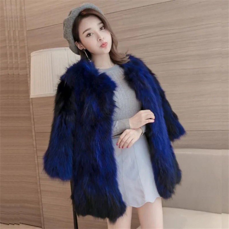 Ladies fur coat womens imitation raccoon fur jackets mid-length clothing warm autumn winter new blue дубленка женская зимняя