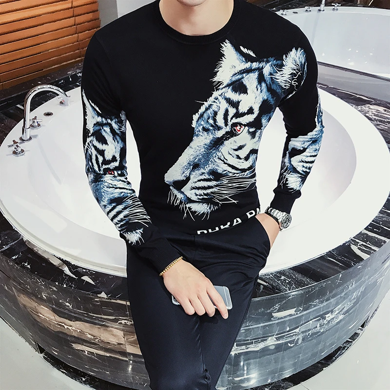 Осенний свитер с животным принтом для мужчин модная одежда клуба вечерние