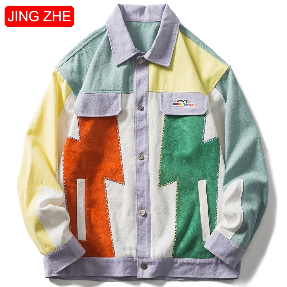 

JING ZHE Jackets Men Embroidery Patch Patchwork Color College Style Coats Autumn Casual Hip Hop Harajuku Fashion Outwear Unisex