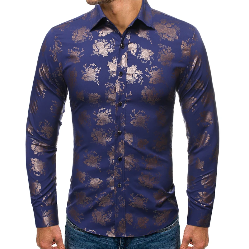 high qualtiy 2020 spring Autumn new fashion wild hot gold casual lapel men's long-sleeved flower dress shirt camisas hombre | Мужская