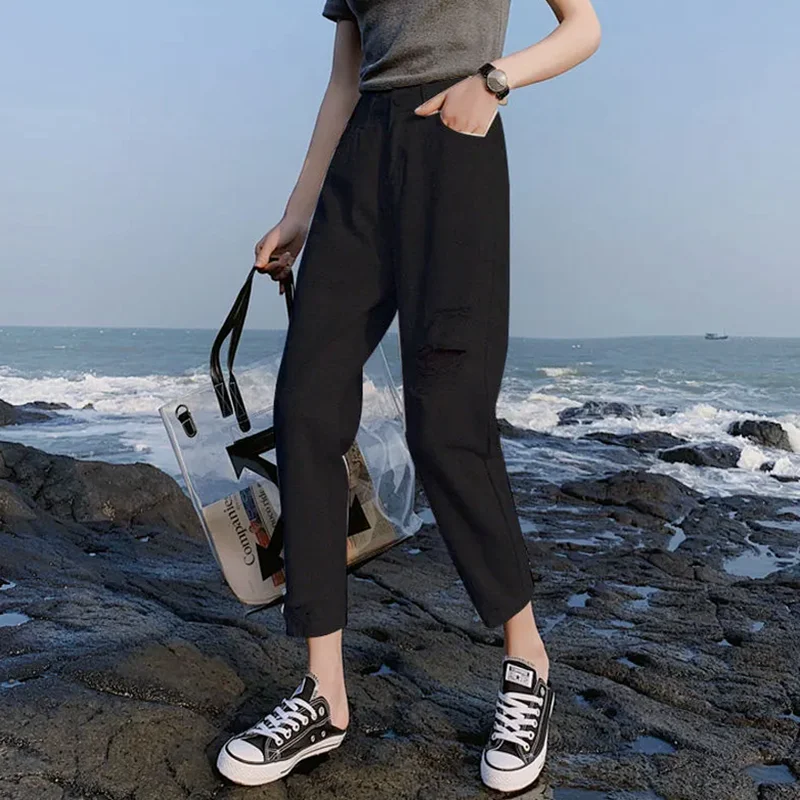 

Ladies denim trousers 2021 new high-waist cropped trousers casual loose slim wild straight leg ladies fashion plus size hot sale