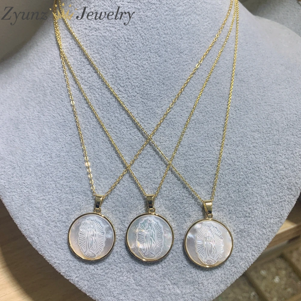 5PCS, Our Lady of Guadalupe Pendant Necklace Women Fashion Natural Mother of Pearl Shell Round Medal Jewelry
