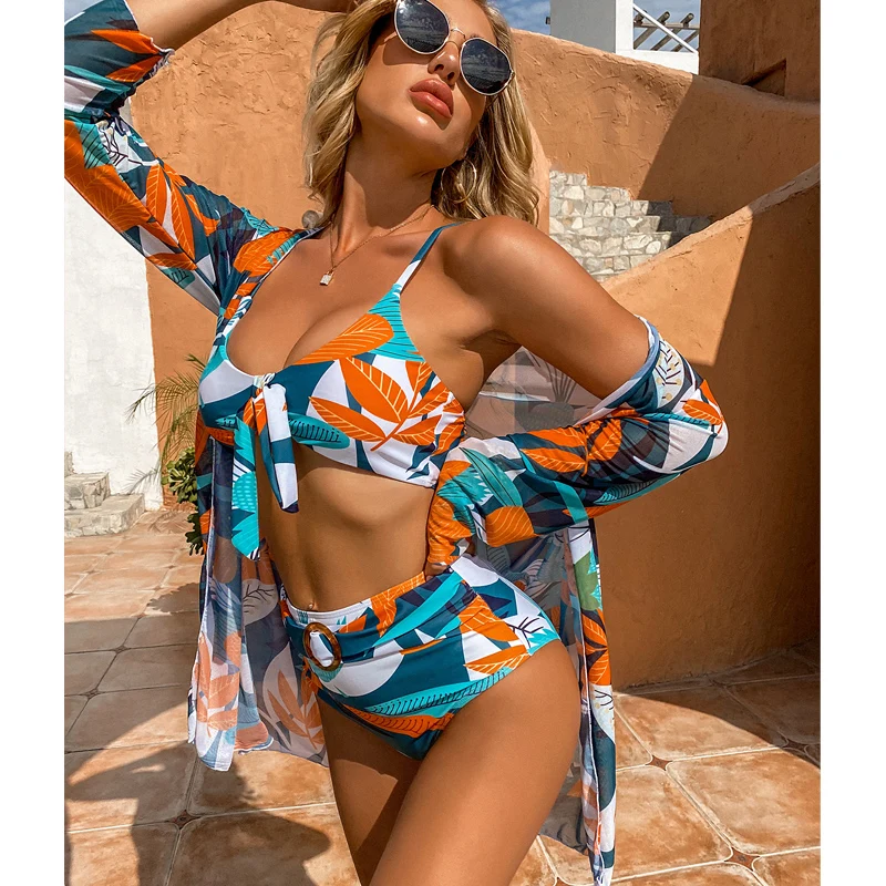 3 предмета Плавание костюм принт бикини с высокой талией одежда Cover Up ванный