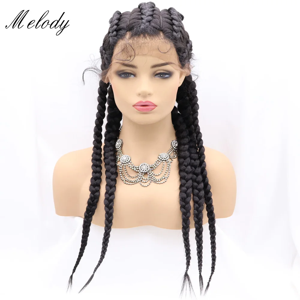 

Melody Wigs Black Long Braided Wig 1B Color Hair Highlight Big Braiding Synthetic Lace Front Wig with Five Braids for Women 24"