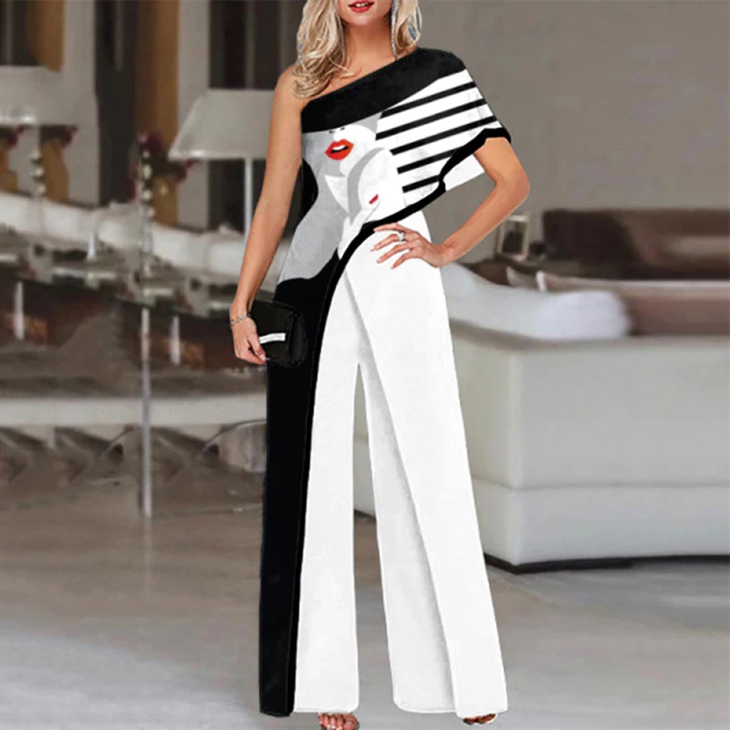 

VONDA Women Long Jumpsuits One Shoulder Sexy Playsuits Wide Leg Palazzo Summer Skew Collar Vintage Printed Office Overalls Femme