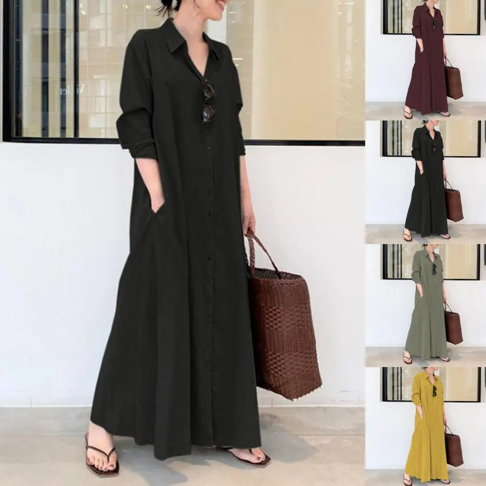 

Women Long Dress Solid Color Single-breasted Long Sleeve Dresses Lapel Large Hem Casual Female Dress Streetwear for Autumn