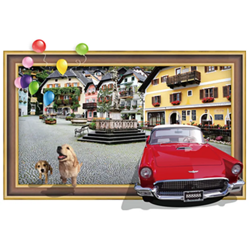 Городской пейзаж росписи с милыми мультяшными собачками Старинного автомобиля 3d