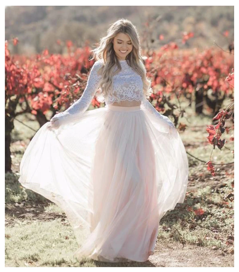 

Свадебное платье с длинным рукавом в стиле бохо, модель 2020 года, свадебное платье из двух предметов, белый кружевной топ, розовое свадебное п...