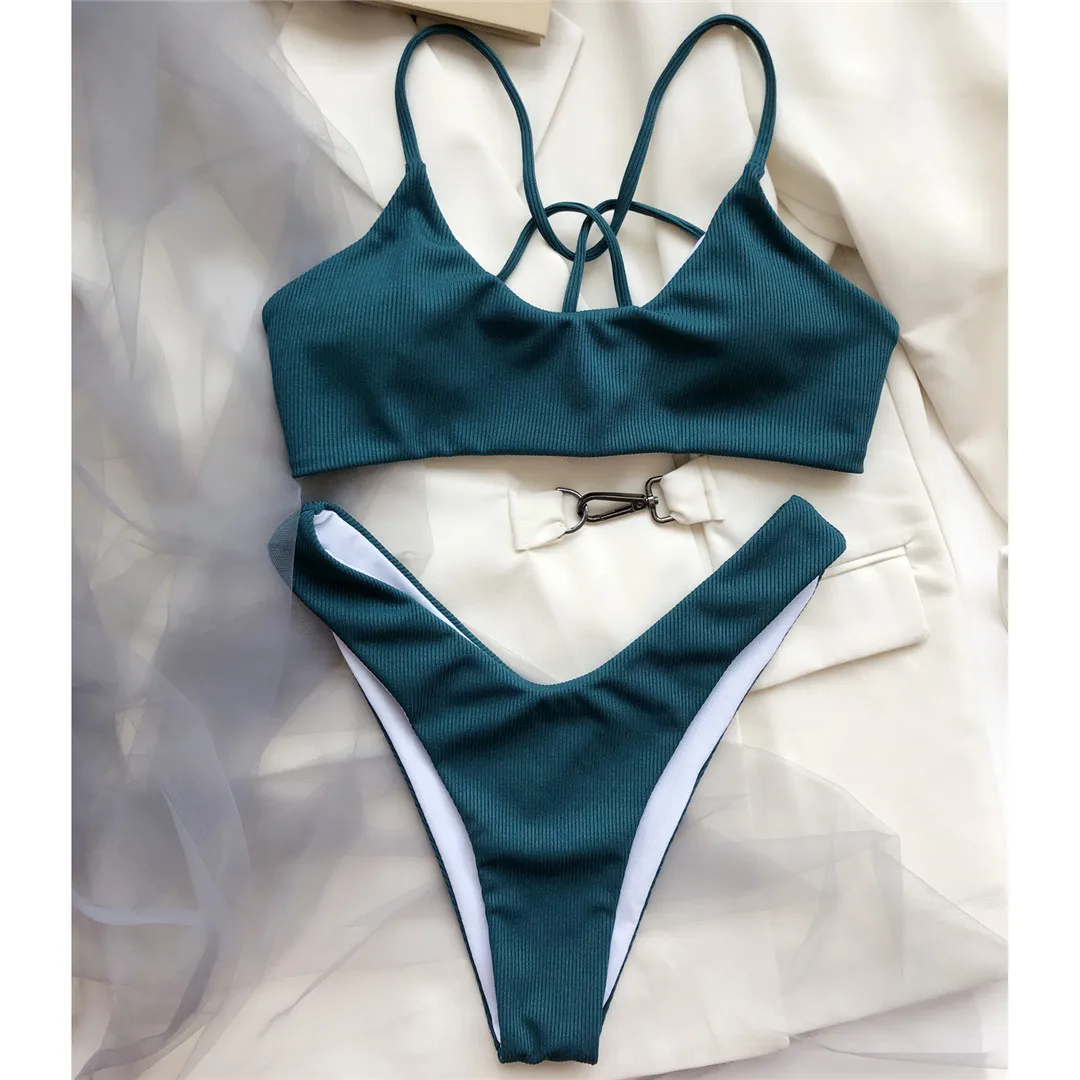 Новый сексуальный женский купальник в рубчик с высоким вырезом из двух предметов