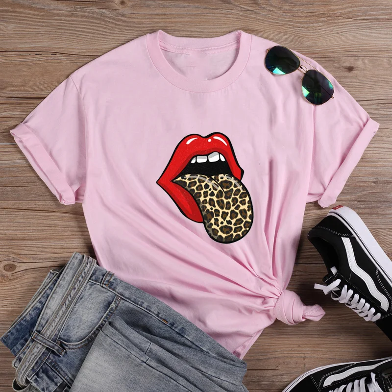 

Leopard Lips Short Sleeve Cotton Tshirt Women Top O-neck Funny T Shirt Women Casual T Shirt Women Funny Tee Shirt Femme