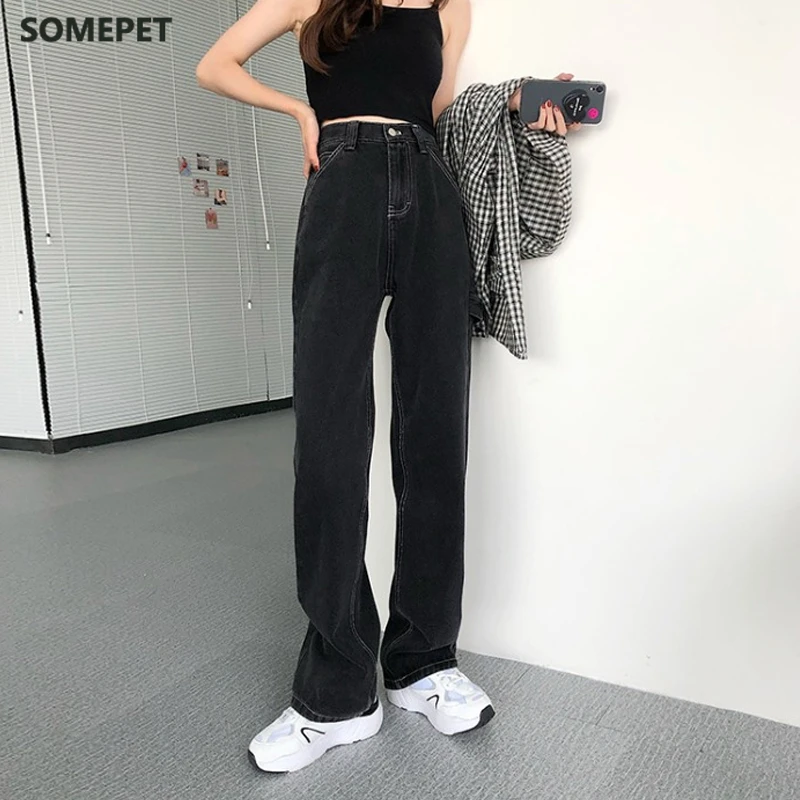 

Jeans taille haute pour femmes, coupe droite, Streetwear, lignes blanches, mode Ins, collection pantalon Denim relaxed