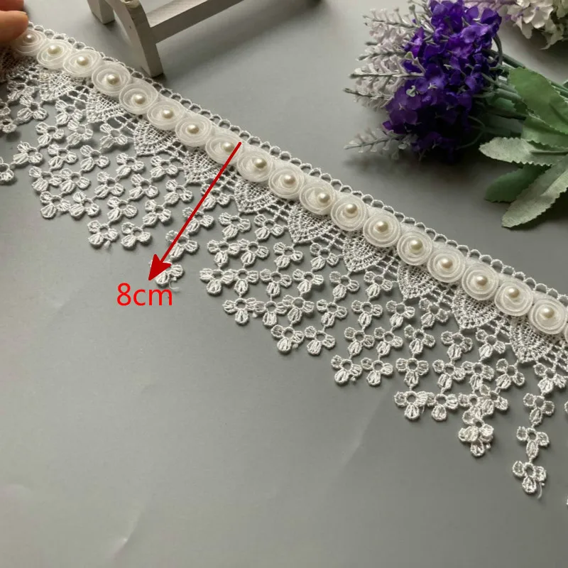 

2 Yard White Sequin Ribbon Flowers Pearl Lace Trimmings Ribbons Beaded Lace Fabric Embroidered Sewing Wedding Dress 8cm