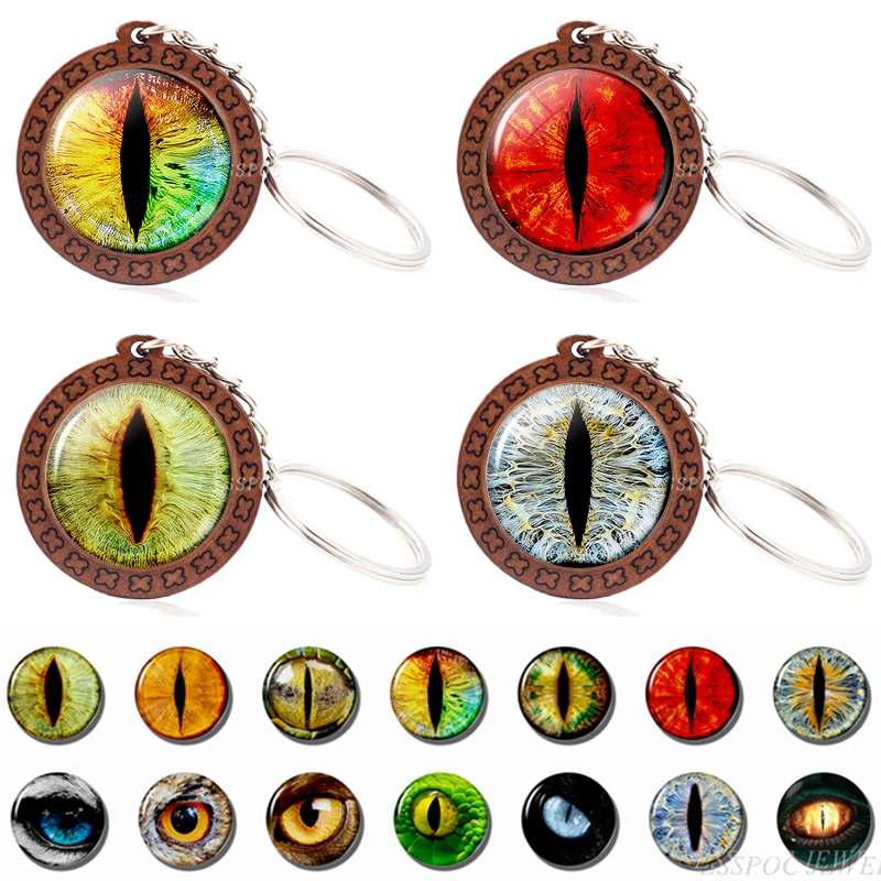 

Evil Dragon Eyes Wooden Key Chains Vintage Style Brown Wooden Pendant Keychain Glass Cabochon Jewelry Men Car Key Ring Gift