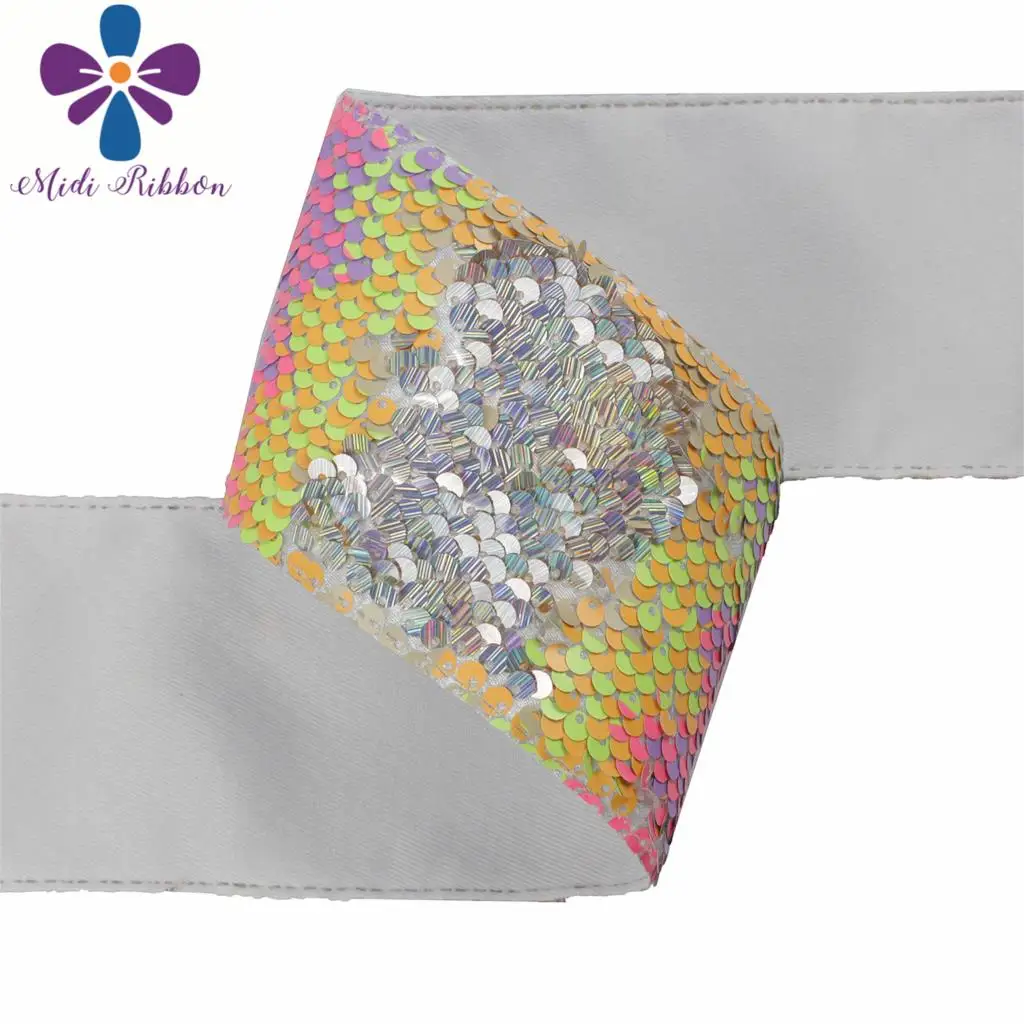 

3"75mm Double Color Reversible Sequin Ribbon Rainbow White DIY Wedding Party Gift Bowknots Solid in Stock 25yards/roll