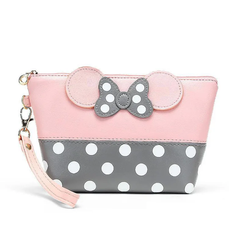 

Disney Mickey Bowknot Pu Cosmetic Bag Cute Cartoon Dot Hand Holding Female Bag Cosmetic Girl Storage Bag Coin Purse